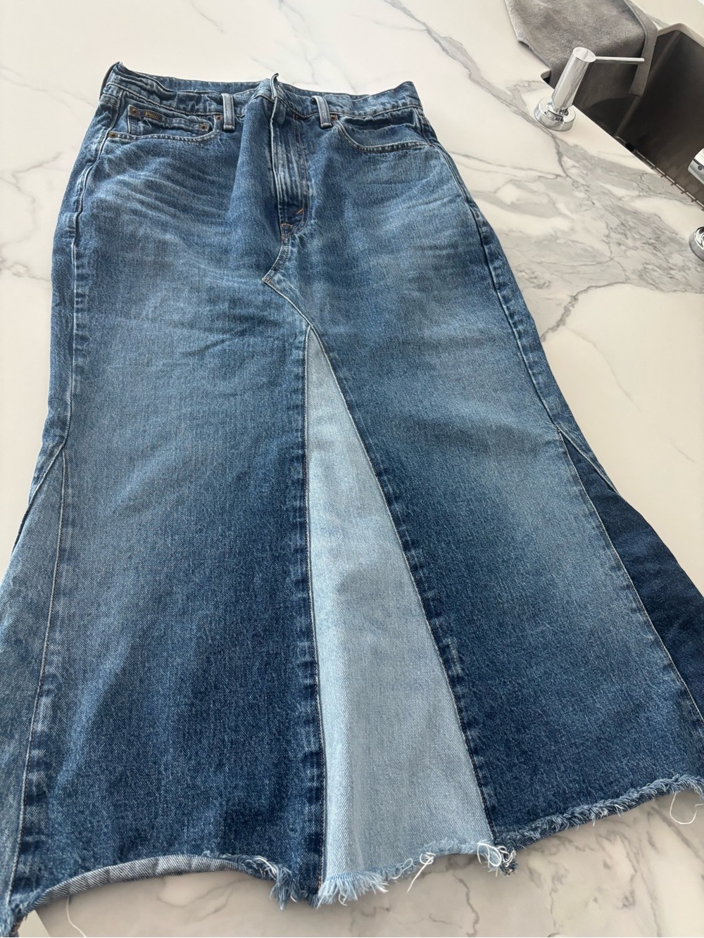 Ralph Lauren Two-Tone Blue Denim Maxi Skirt with Front Contrast Panel